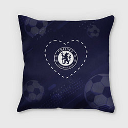 Подушка квадратная Лого Chelsea в сердечке на фоне мячей, цвет: 3D-принт