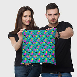 Подушка квадратная Яркий цветочный узор на бирюзовом фоне, цвет: 3D-принт — фото 2