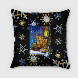 Подушка квадратная Новый год белка смотрит на часы, цвет: 3D-принт