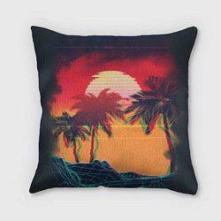 Подушка квадратная Пальмы и пляж на закате с помехами VHS ретро дизай, цвет: 3D-принт