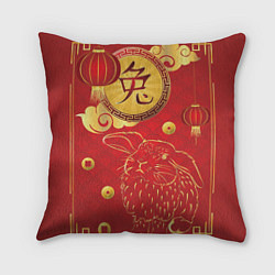 Подушка квадратная Китайский иероглиф и золотой кролик на красном фон, цвет: 3D-принт
