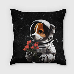 Подушка квадратная Щенок космонавт с тюльпанами, цвет: 3D-принт
