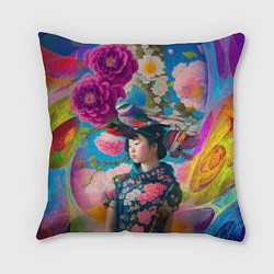 Подушка квадратная Девочка с птицами среди цветов - мскусство, цвет: 3D-принт