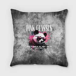 Подушка квадратная Панда в розовых очках на сером фоне, цвет: 3D-принт