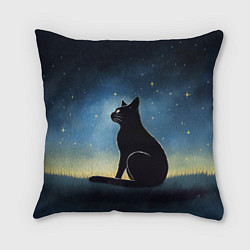 Подушка квадратная Черный кот и звезды - акварель, цвет: 3D-принт