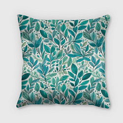 Подушка квадратная Нежные акварельные листья, голубые и зеленые, цвет: 3D-принт