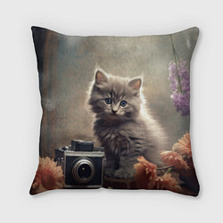 Подушка квадратная Серый котенок, винтажное фото, цвет: 3D-принт