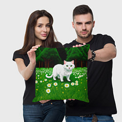 Подушка квадратная Белый кот на лугу пиксель арт, цвет: 3D-принт — фото 2