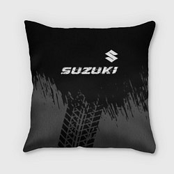 Подушка квадратная Suzuki speed на темном фоне со следами шин: символ, цвет: 3D-принт