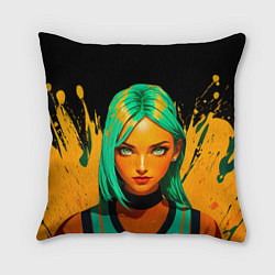 Подушка квадратная Девушка с аквамариновыми волосами с жёлтой краской, цвет: 3D-принт