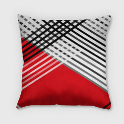 Подушка квадратная Косые черно-белые полосы на красном, цвет: 3D-принт