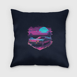 Подушка квадратная Пальмы и гоночная машина в пурпурном свечении, цвет: 3D-принт
