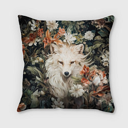 Подушка квадратная Белая лисица в кустах цветов, цвет: 3D-принт