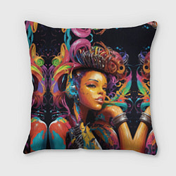 Подушка квадратная Красивая киберпанк девушка и яркие краски в стиле, цвет: 3D-принт