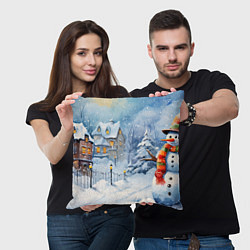 Подушка квадратная Новогодний снеговик с шарфом, цвет: 3D-принт — фото 2