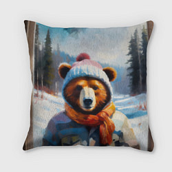 Подушка квадратная Бурый медведь в зимней одежде, цвет: 3D-принт