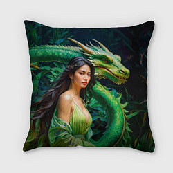 Подушка квадратная Нейросеть - девушка с зелёным драконом