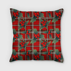 Подушка квадратная Остролист на красной шотландке, цвет: 3D-принт
