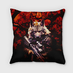 Подушка квадратная Волк солдат в красном лесу, цвет: 3D-принт