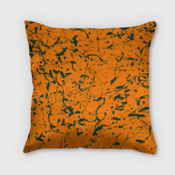 Подушка квадратная Оранжевый с брызгами зеленой краски