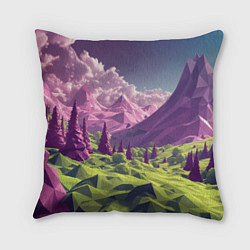 Подушка квадратная Геометрический зеленый пейзаж и фиолетовые горы, цвет: 3D-принт