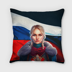 Подушка квадратная Блондинка с косами - флаг России, цвет: 3D-принт