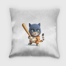 Подушка квадратная Прикольный котёнок с бейсбольной битой и в балакла