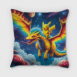 Подушка квадратная Pikachu on a fabulous dragon - neon glow