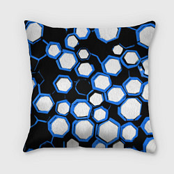 Подушка квадратная Бело-синие шестиугольники на чёрном фоне, цвет: 3D-принт