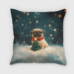 Подушка квадратная Мопс и маленькая елочка