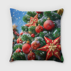 Подушка квадратная Красные шары и звезда новогодняя
