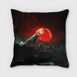 Подушка квадратная Белый волк на фоне красной луны