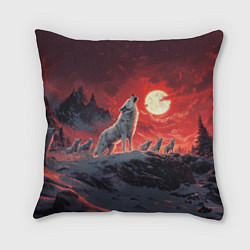 Подушка квадратная Волк воет на красную луну, цвет: 3D-принт