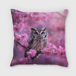 Подушка квадратная Сова на ветке с розовыми цветами