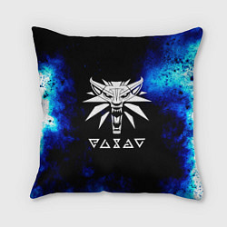 Подушка квадратная Ведьмак лого синие краски, цвет: 3D-принт