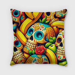 Подушка квадратная Colorfull skulls and bananas - pop art pattern
