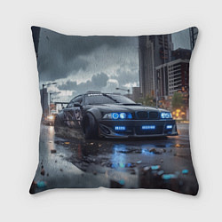 Подушка квадратная BMW синие фары дождливая погода, цвет: 3D-принт