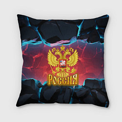 Подушка квадратная Герб России и неоновые разломы, цвет: 3D-принт