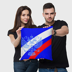 Подушка квадратная Герб России на фоне триколора синий, цвет: 3D-принт — фото 2
