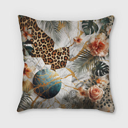 Подушка квадратная Мрамор с цветами и леопардовый узор, цвет: 3D-принт