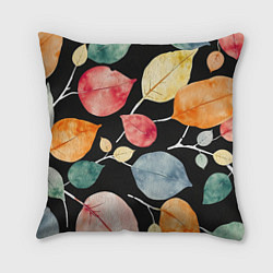 Подушка квадратная Разноцветные акварельные листья на чёрном, AI, цвет: 3D-принт