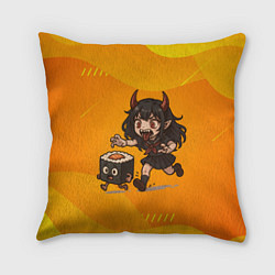 Подушка квадратная Девочка дьявол бежит за роллом