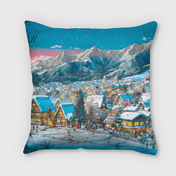 Подушка квадратная Новогодняя деревушка в горах