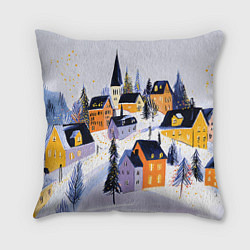 Подушка квадратная Новогодние домики на горе
