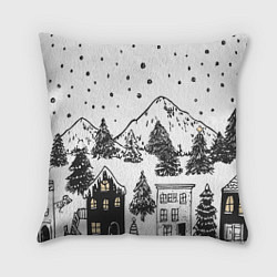 Подушка квадратная Заснеженный черно-белый город