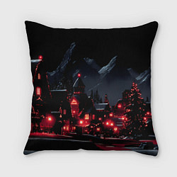 Подушка квадратная Новогодняя ночь и красные гирлянды
