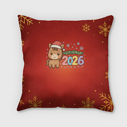 Подушка квадратная Новогодняя лошадка 2026 на красном фоне