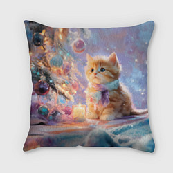 Подушка квадратная Маленький котенок встречает Новый год, цвет: 3D-принт