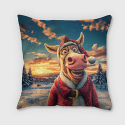 Подушка квадратная Новогодняя комическая лошадь в лесу