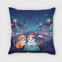 Подушка квадратная Новогодние котики с планшетом, цвет: 3D-принт